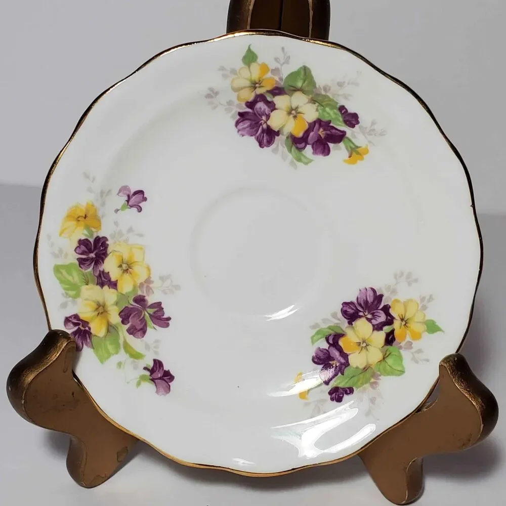 Old Royal Demitasse (Small) Teacup and Saucer Purple Yellow Flowers Vintage